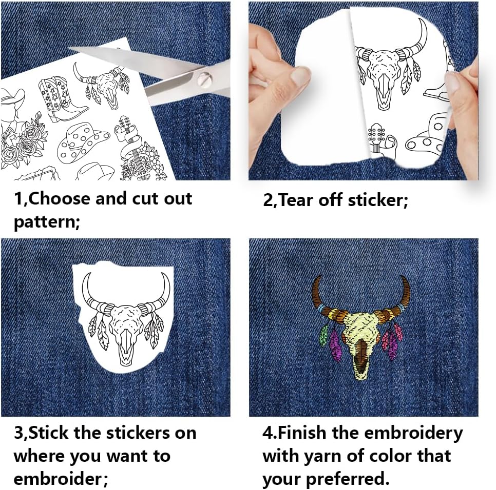 BENECREAT 4Sheets 53Pcs Cowboy Water Soluble Embroidery, 11.7x8.3inch Cowboy Boy Desert Scene Stick and Stitch Embroidery Paper Stabilizer for Shirts, Coats, Bags