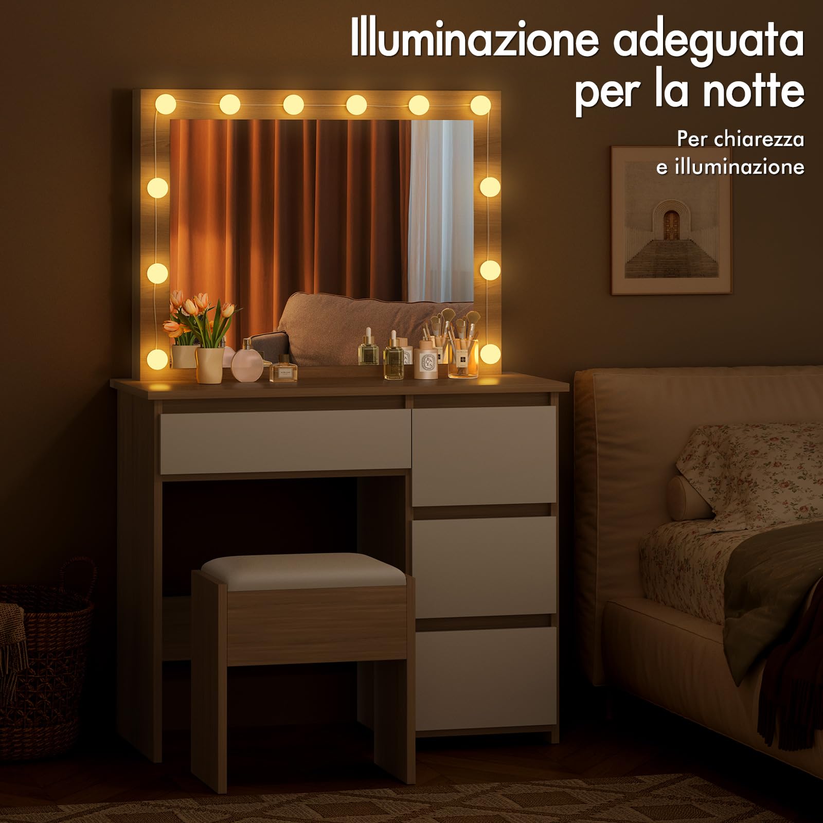 ALFORDSON Scrivania da trucco con specchio e luci, set da trucco da 90 cm con 4 cassetti e sgabello portaoggetti, luci LED regolabili, tavolo da toeletta per camera da letto di donne e ragazze, Legno