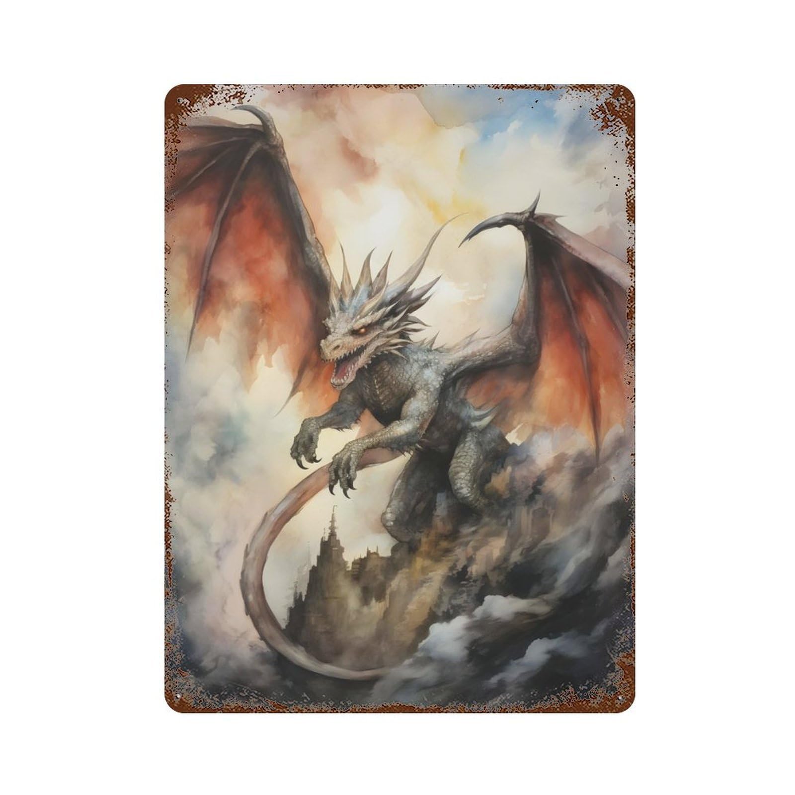 Garage Style Dragon On A Mountain Rustic Tin Plaque 15.7"x11.8", Classic Wall Plaque for Bar And Workshop