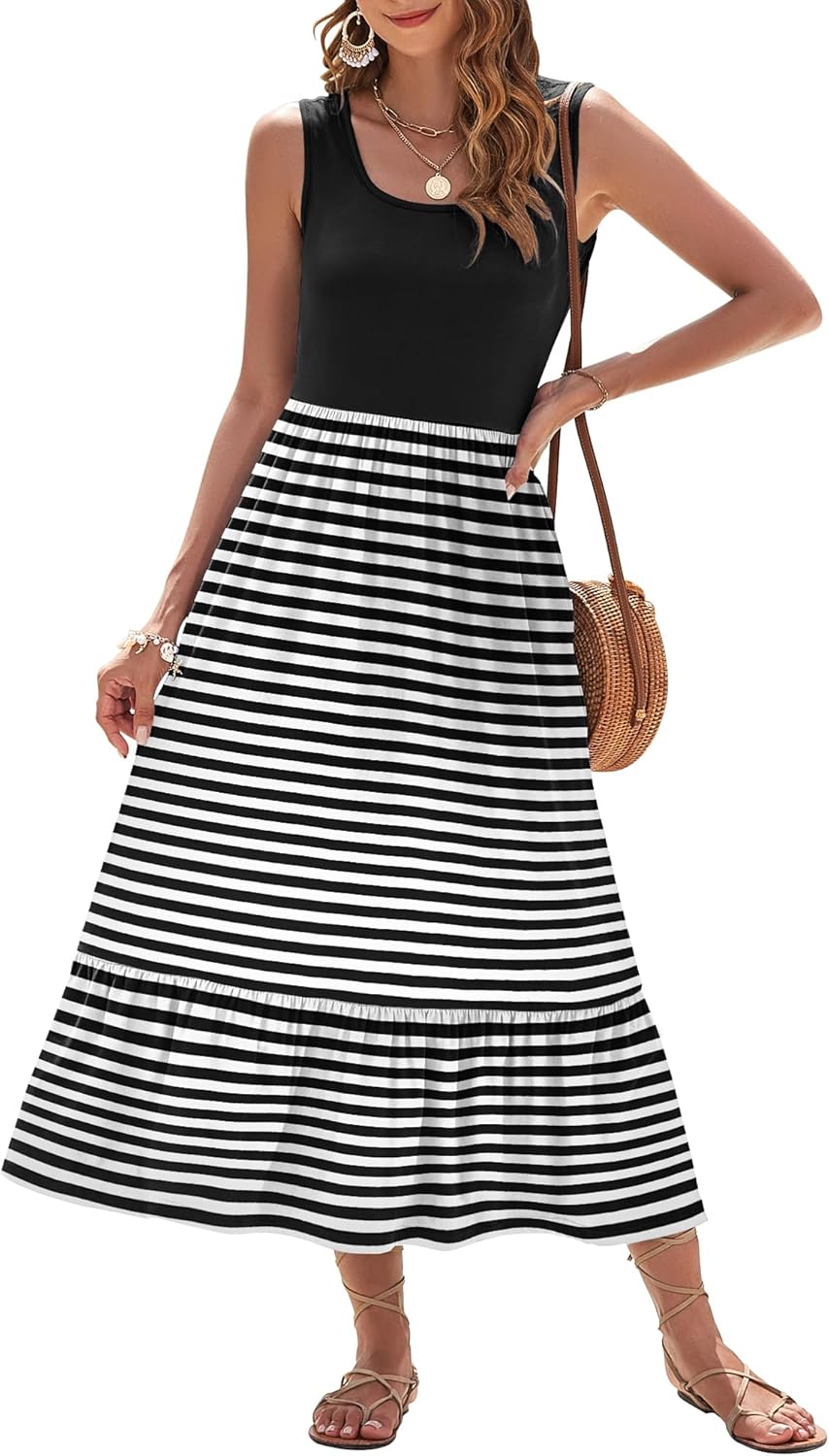 AUSELILY Womens Summer Dresses 2026 Sleeveless Maxi Dress Square Neck Casual Tiered Long Dress with Pockets