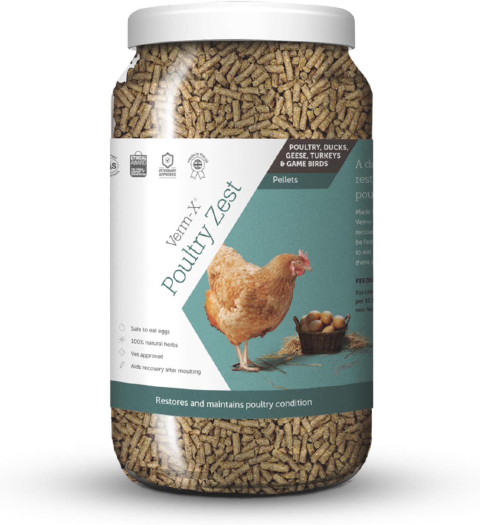 Verm-X Poultry Zest for Recovery After Moulting. Restores and Maintains Condition for Chickens, Ducks, Geese and Turkeys. Vet approved. UFAS assured. Safe to Eat Egg Whilst Feeding, Clear
