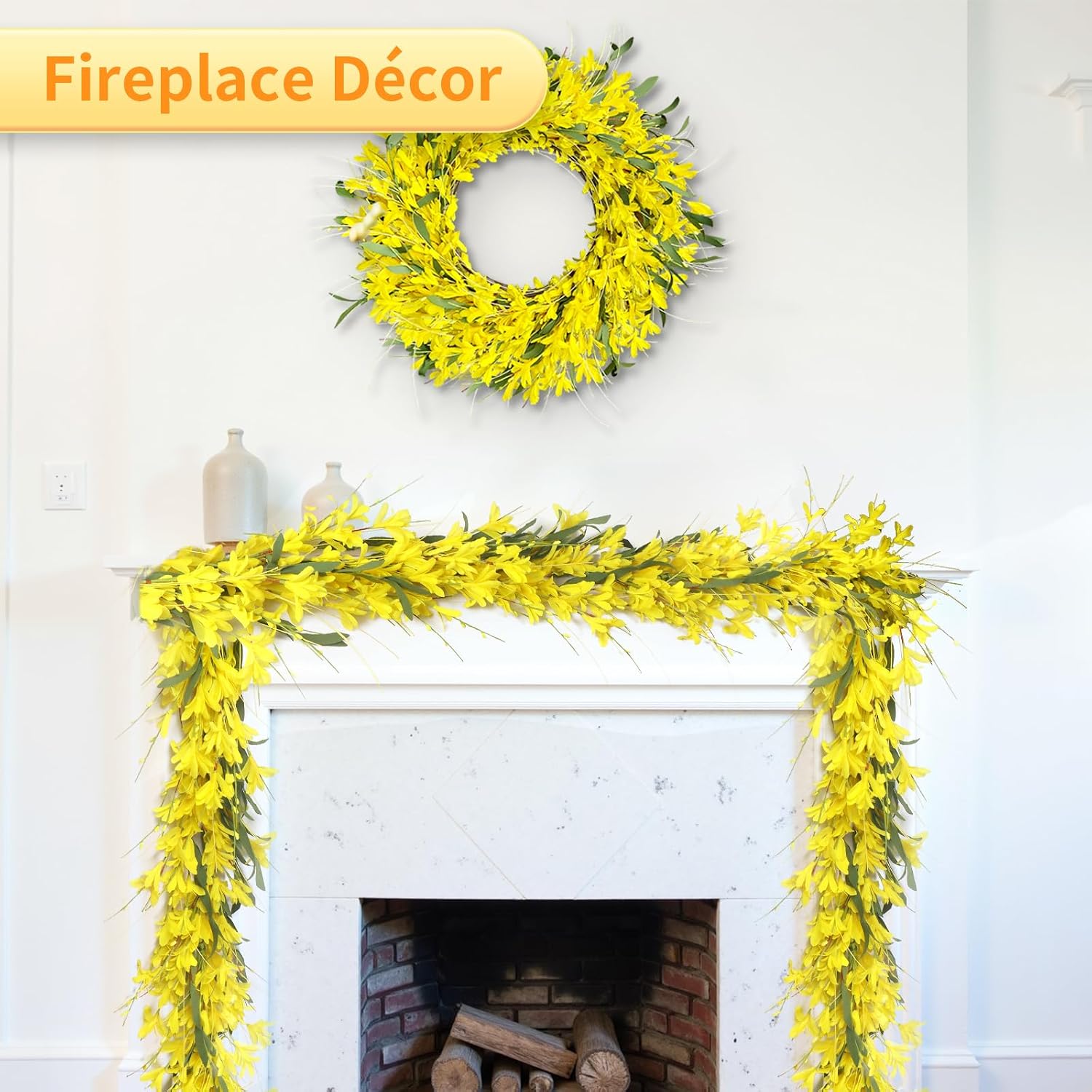 Lokeisna Yellow Forsythia Garland: 6Ft Artificial Spring Summer Garland with Yellow Forsythia & Berries, Green Leaves, All Seasons Garlands for Front Door Window Wall Farmhouse Wedding