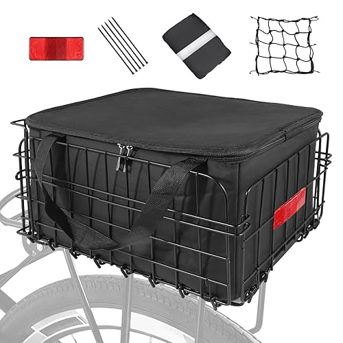 Bike Basket Rear, Folding Bicycle Basket with Removable Waterproof Liner Bag, Rear Bike Cargo Rack, Bike Accessories Frame Basket for Adult Women Men Carrying Dogs,Pet,Grocery,Quick Release Design