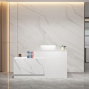 L-Shaped Reception Desk with Lockable Drawers, Adjustable File Cabinet & Keyboard Tray, Modern Front Counter for Office, Salon, or Lobby (Right-L Marble White/White, 70.9''L x 23.6''W x 41.3''H)