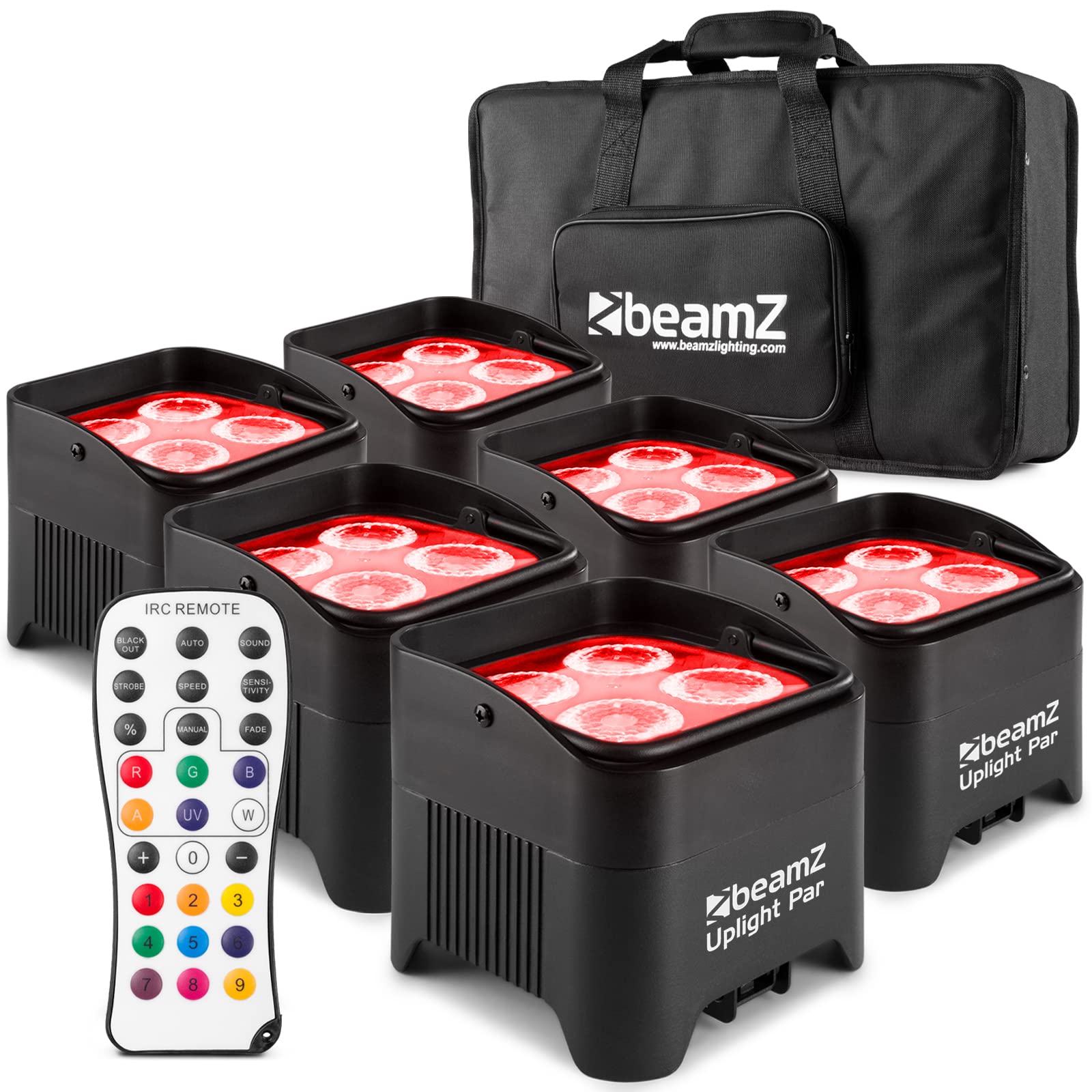 BeamZ BBP94W - Lot de 6 Projecteurs PAR Uplight sur Batterie RGBWA WDMX 48 Watts et Valise - Autonomie 9H, Idéal pour Éclairage de Salle, Mariage, Jardin, Architecture, Hôtel, Restaurant