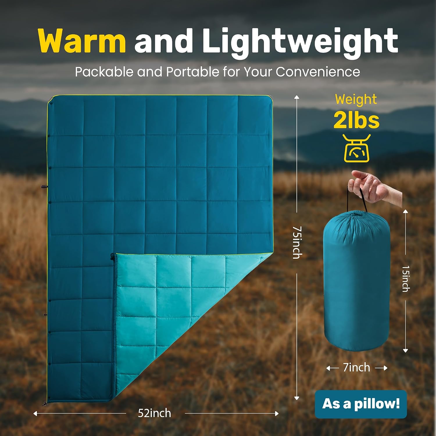 UNIKOME Waterproof Puffy Camping Blanket - Lightweight Packable Outdoor Quilt with Snaps & Corner Loops, Warm Compact Blanket for Cold Weather Hiking Picnic Stadium Travel, 75"×52", Lake Blue&Sky Blue
