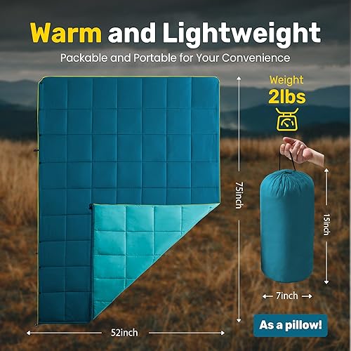 Miniatura 3 de Manta de camping plegable para exteriores, manta de viaje ligera, manta alternativa de plumón impermeable de doble cara con cierres de presión, 75 x
