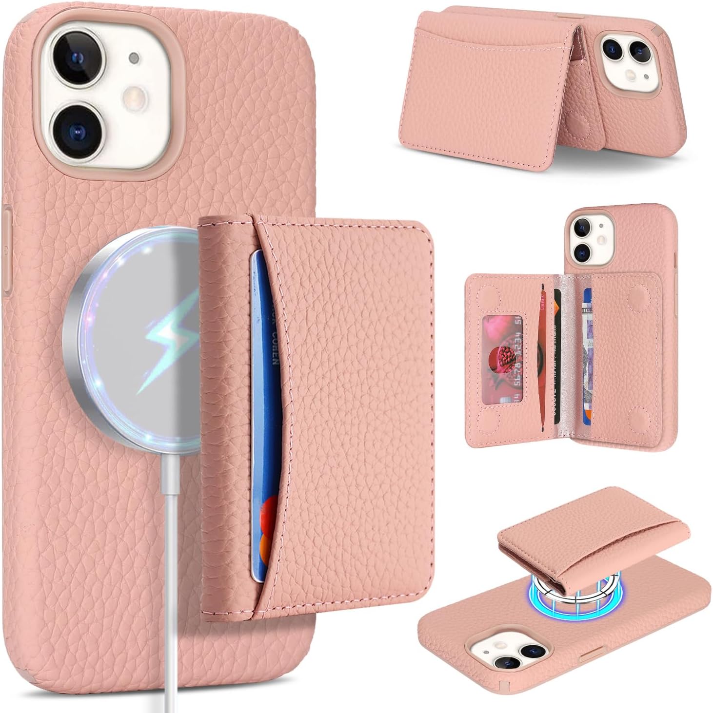 Detachable Wallet Case Compatible with iPhone 12/12 Pro Genuine Leather Case 2in1 Removable Cover Support Magsafe Charging Magnetic Stand Function Card Holder-Pink