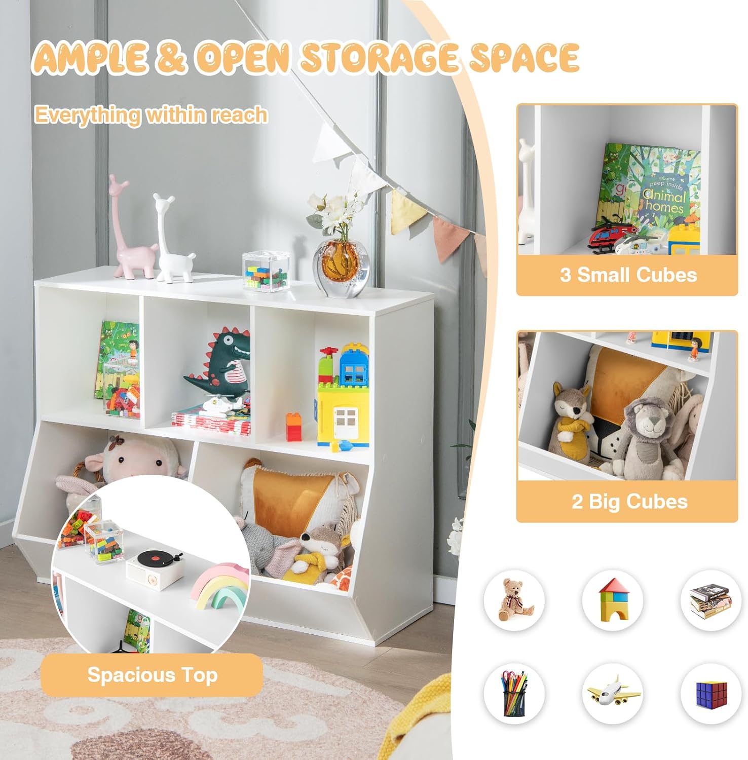 Detailed features of the HONEY JOY Toy Storage Organizer, including thickened boards, high barriers, screw hole covers, anti-slip foot pads, reinforced back buckles, and smooth edges.