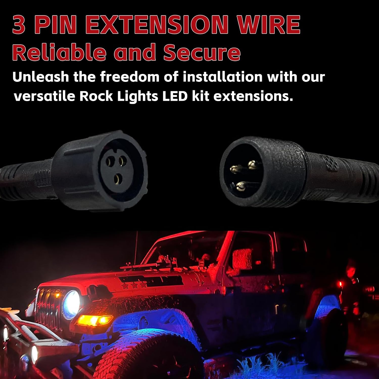 4 PCS 4FT 3 Pin RGB Rock Light Extension Wire for Trucks
