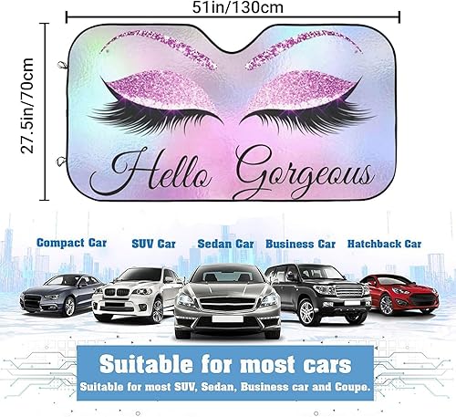 Miniatura 2 de Parasol para parabrisas de automóvil con leyenda Hello Gorgeous morado y pestañas, parasol plegable para ventana delantera, visera protectora