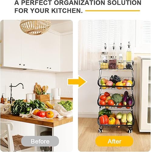 Miniatura 9 de Cesta de almacenamiento de frutas y verduras para cocina, cestas grandes de alambre de metal extraíbles de 5 niveles con 4 alfombrillas inferiores,