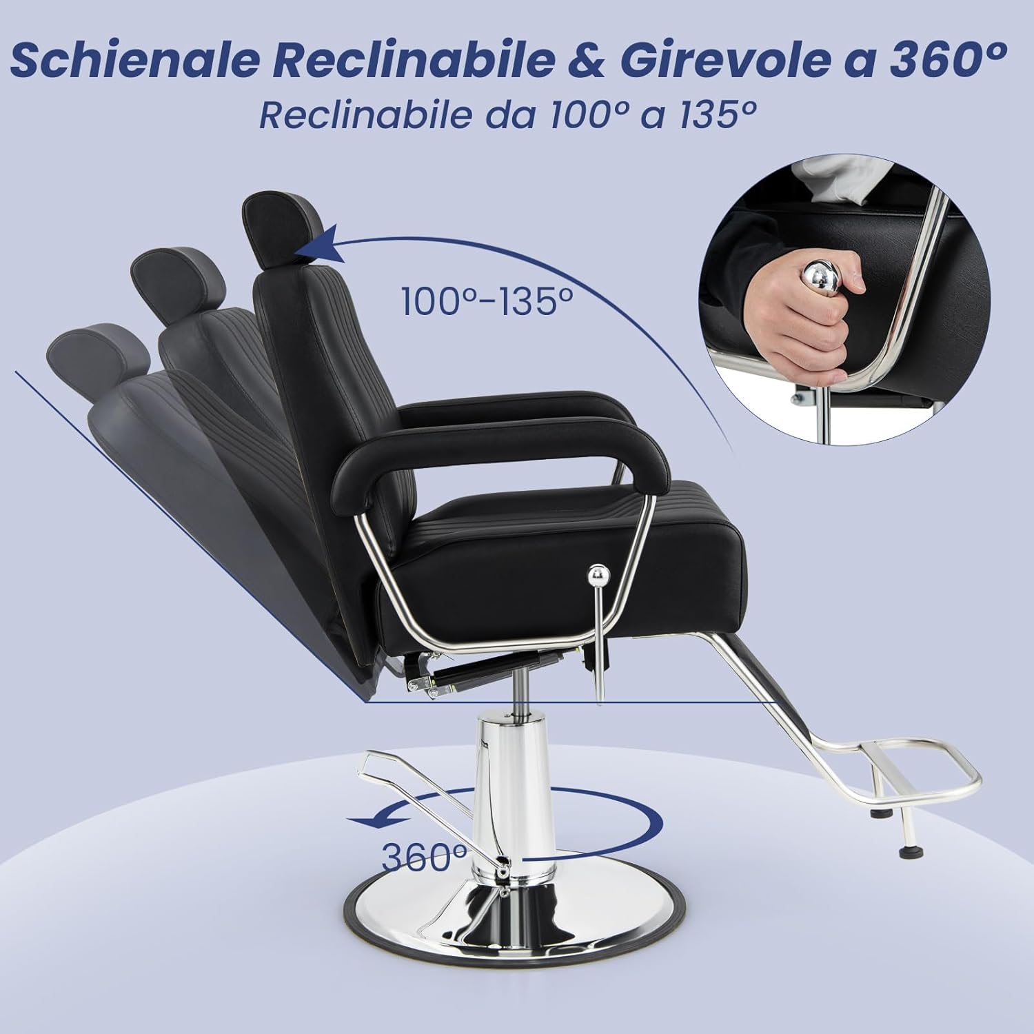 RELAX4LIFE Barber Chair showing 360 degree swivel and backrest reclining from 100 to 135 degrees.