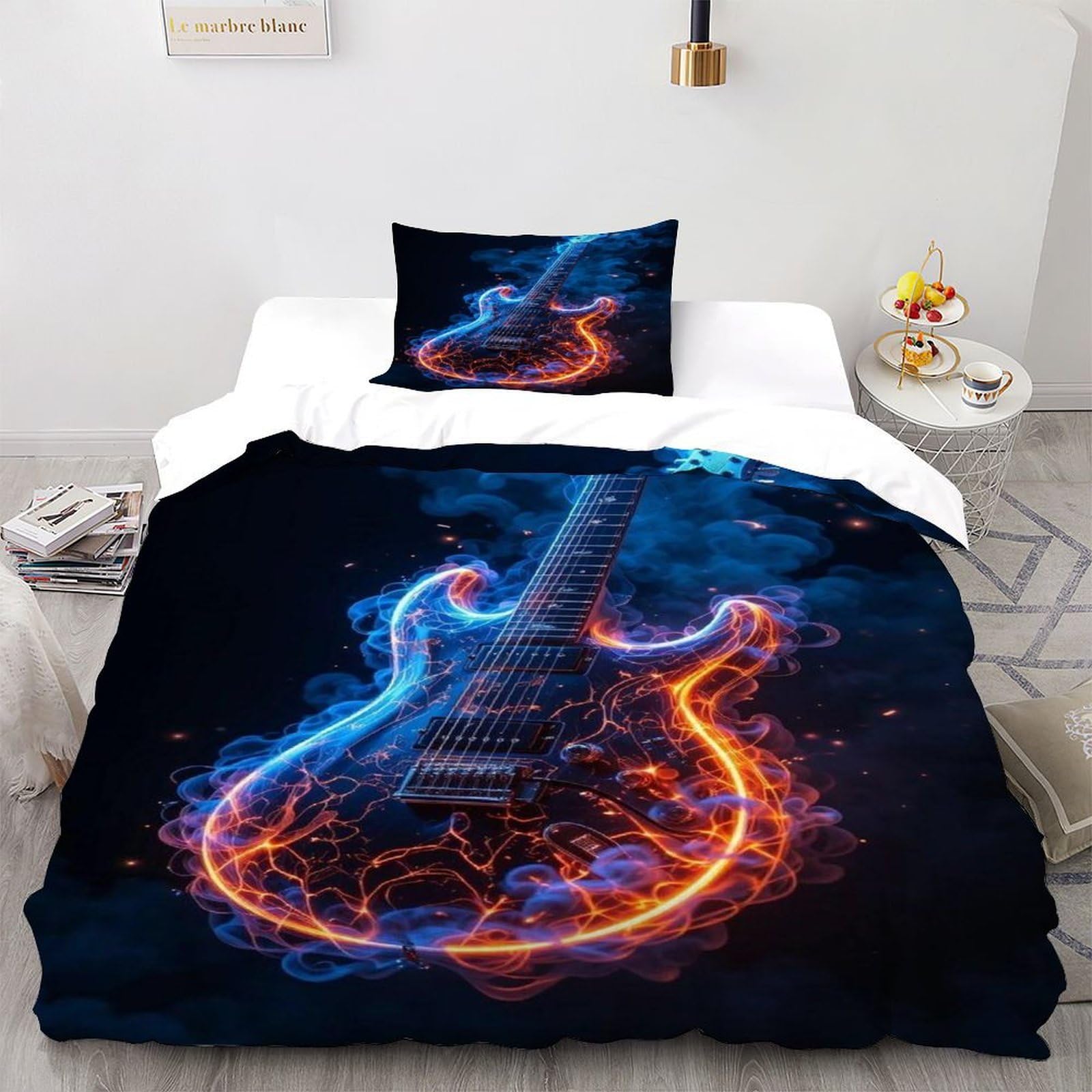 Guitar Flame Bedding Set Digital Printe Space Theme Theme Duvet Cover Set 2 Pieces Chic Breathable Quilt Cover Universal for All Seasons with Pillowcase Single（135x200cm）