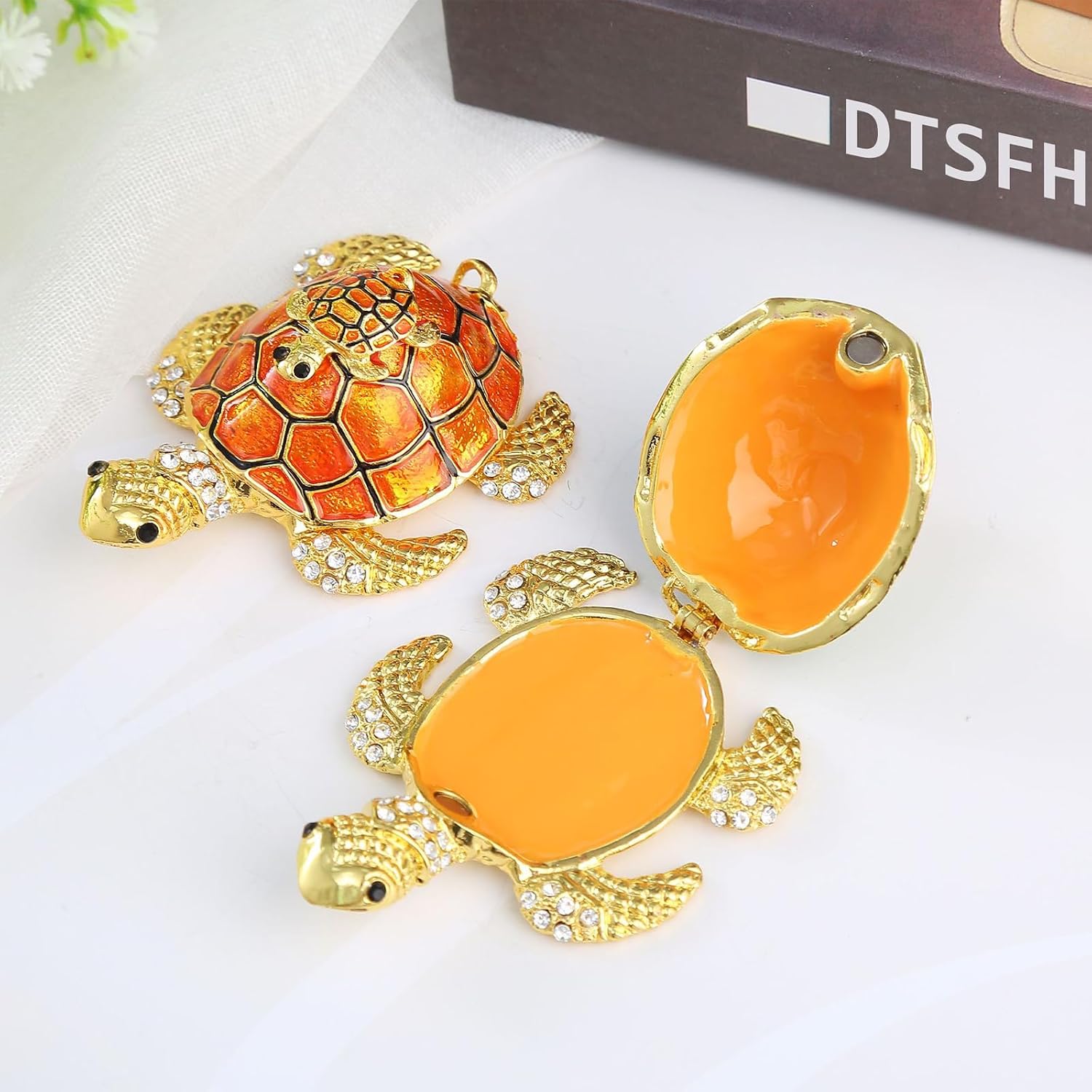 Turtle Trinket Boxes, Hinged Enamel Jewelry Box Crystals Bejeweled Turtle Jewelry Box Hand Painted Hinged Jewelry Organizer Art Collection Desktop Decoration image 3