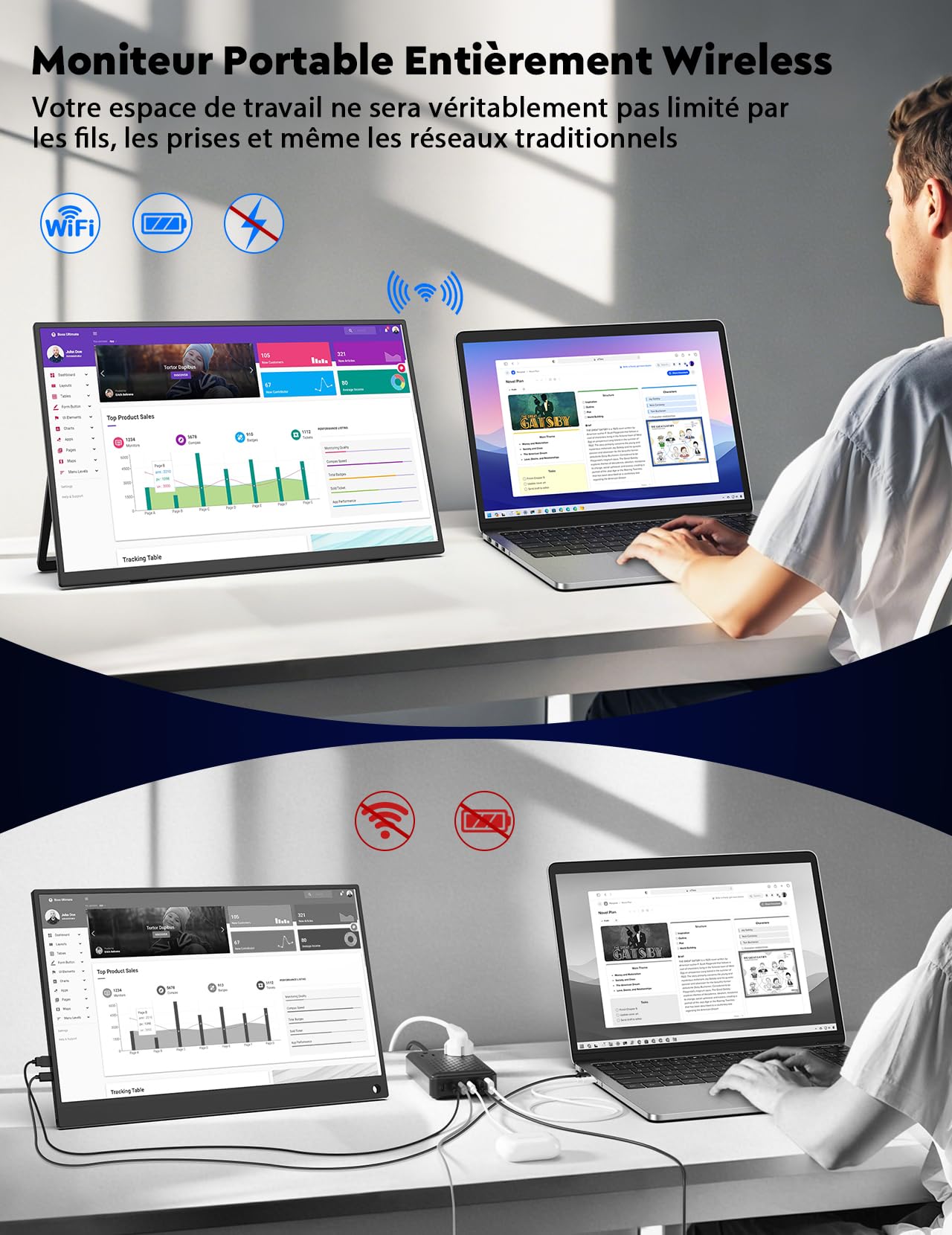 MAGICRAVEN Ecran Portable sans Fil avec Batterie 8000mAh, 15,6" 1080P IPS Moniteur Portable, Ecran Externe Portable Haut-Parleurs Intégrés, Extension écran pour PC/Téléphone/Tablette