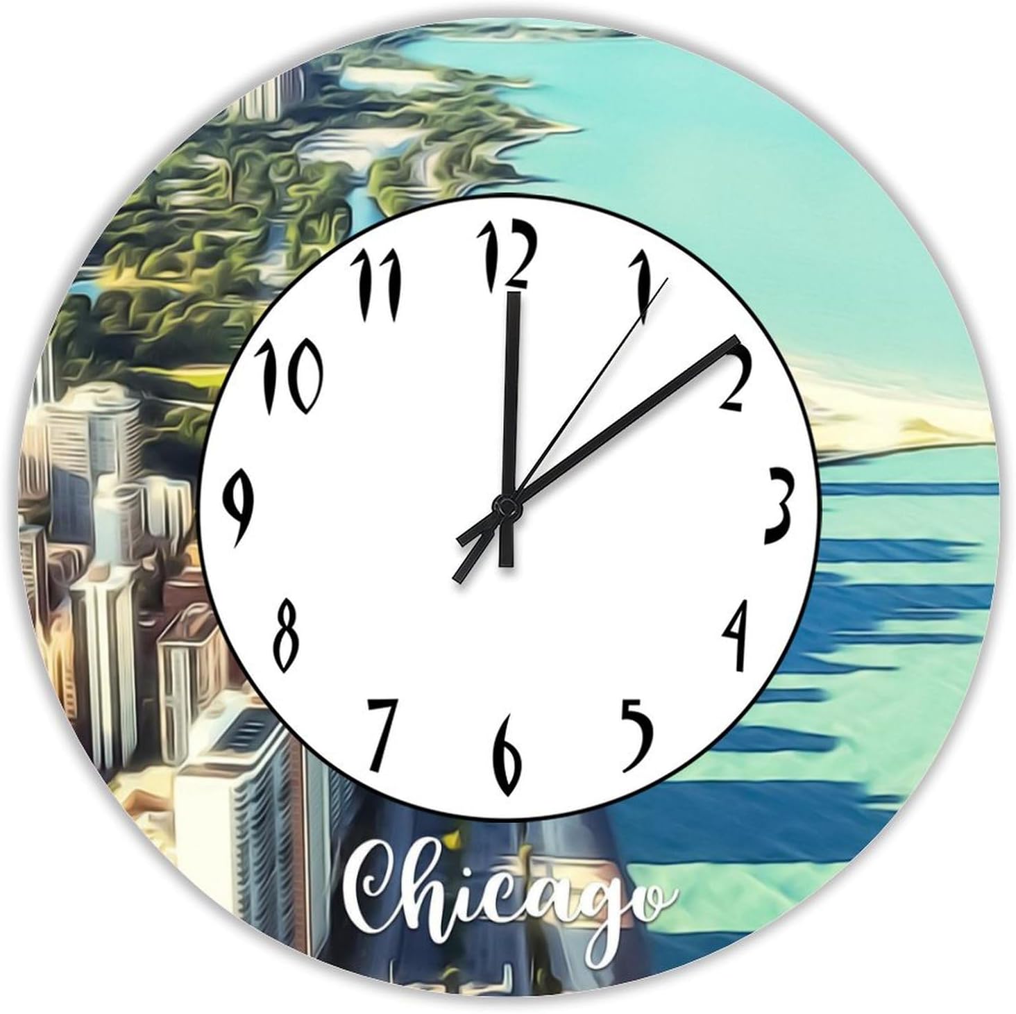 Chicago Scenery Cityscape Wall Clock Chicago 15 Inch Round Wall Clocks Battery Operated Silent Non-Ticking Modern Hanging Clock for Bedroom Living Room Farmhouse Wall Decor