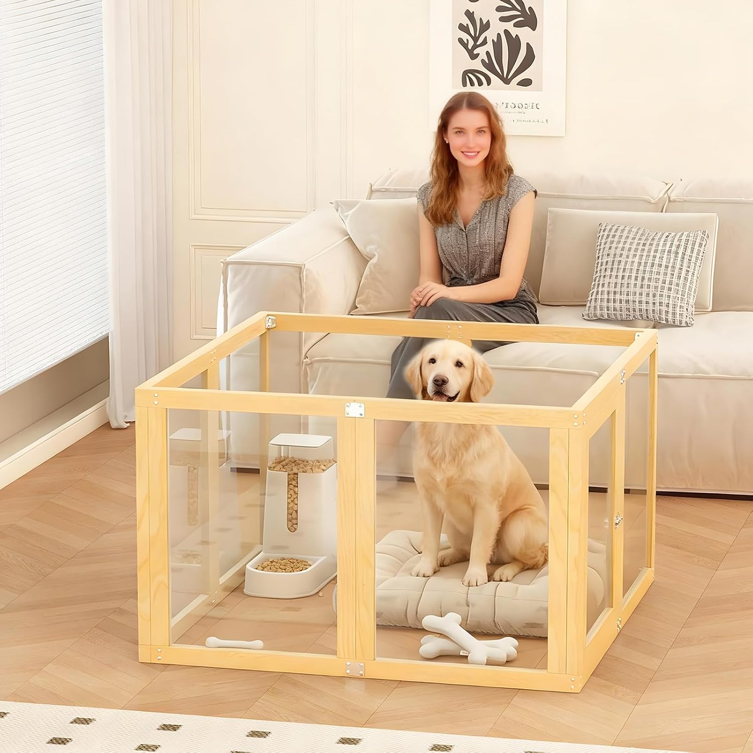 8 Panel Elegant Wooden Frame Clear Acrylic Indoor Puppy Playpen | Stain-resistant waterproof layering designed for hassle-free cleaning and long-lasting furniture protection