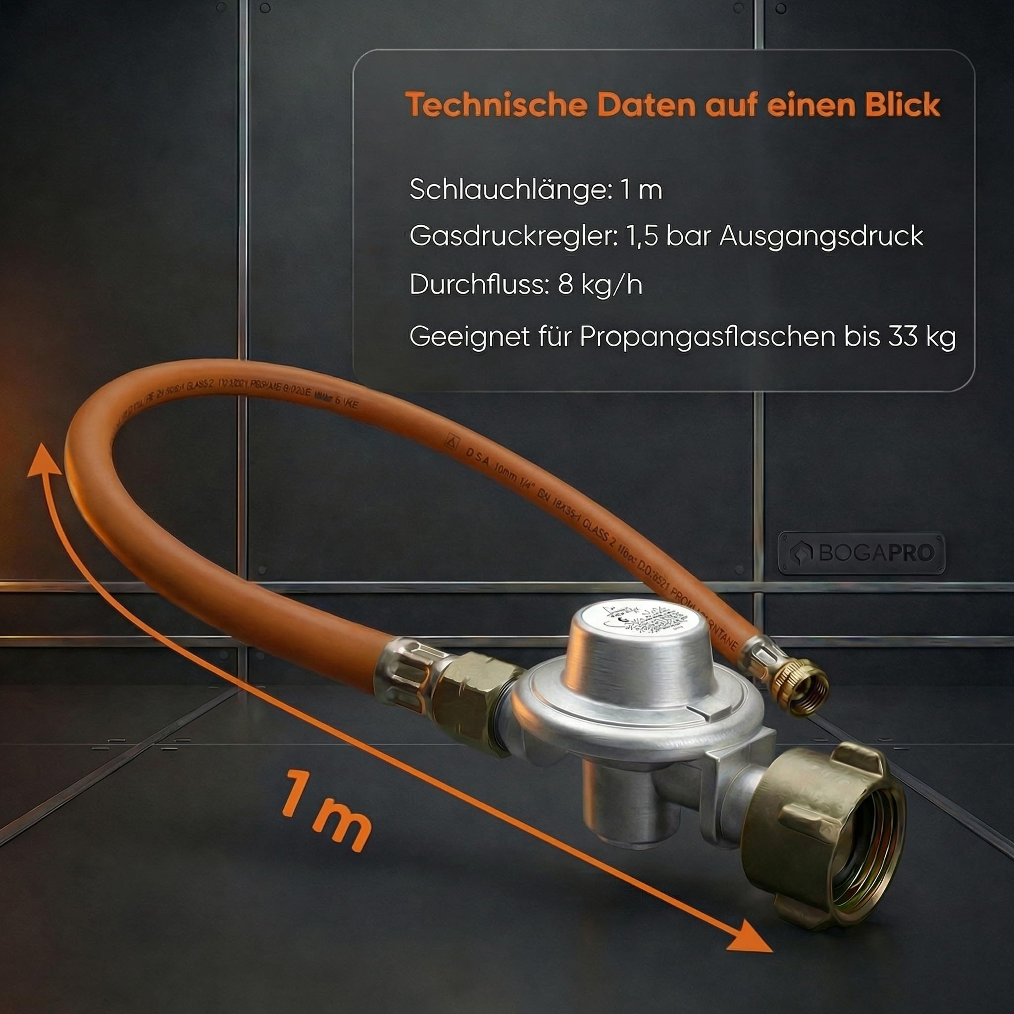 EN417 Adapter-Schlauch auf Gasflasche mit Gasdruckregler, Umrüstschlauch für Schraubkartuschen-Geräte, 1 m, 7/16-28 UNEF auf 3/8 LH, 1,5 bar 8 kg/h, Schlauch EN 16436-1, inkl. Polybeutel