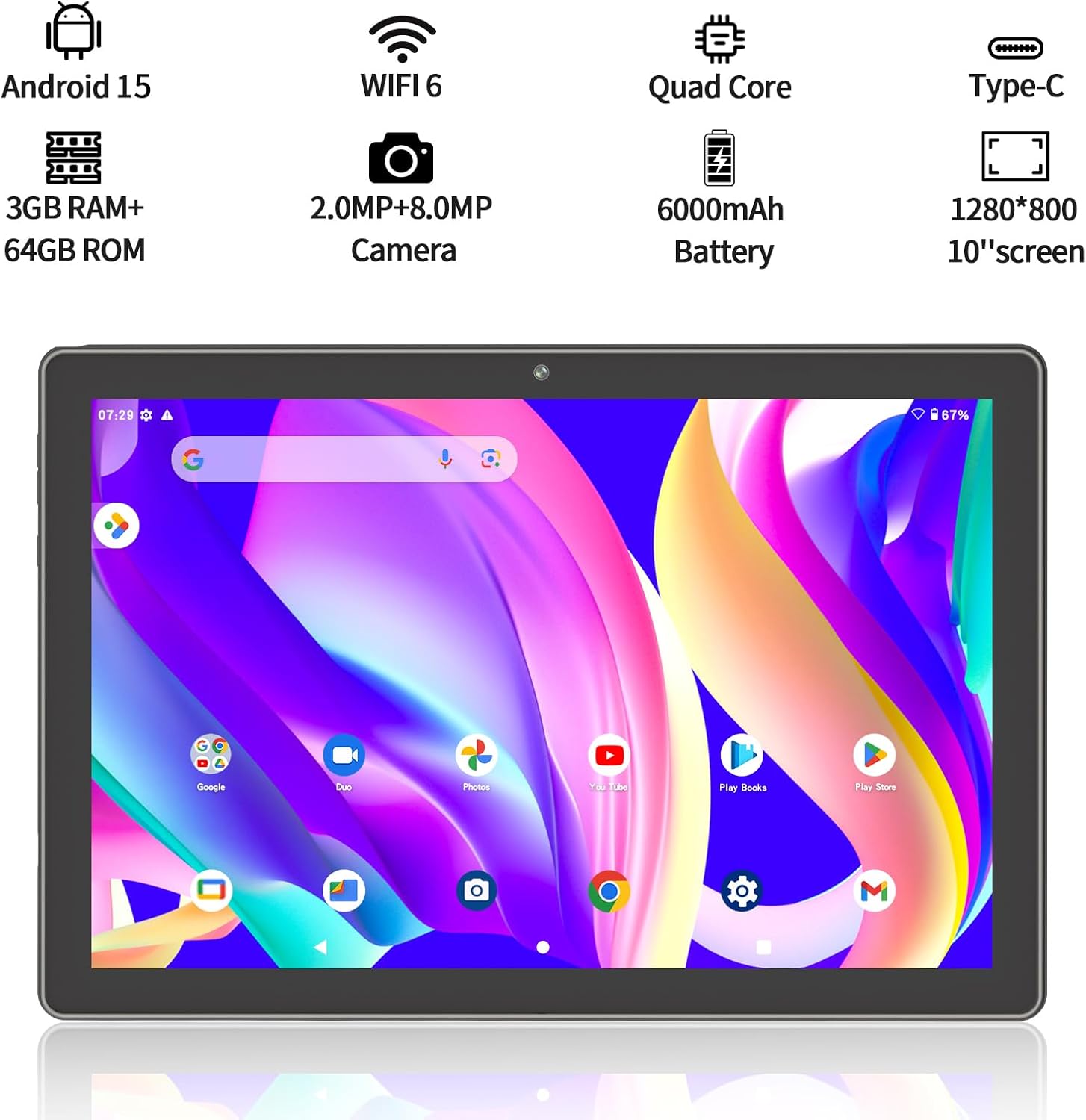VOLENTEX 10 Inch Android 15 Tablet, 10.1 Touch Screen IPS HD Display, 64GB Pad, 2MP 8MP Dual Lens, WiFi6 Bluetooth, 6000mAh Battery (Gray)