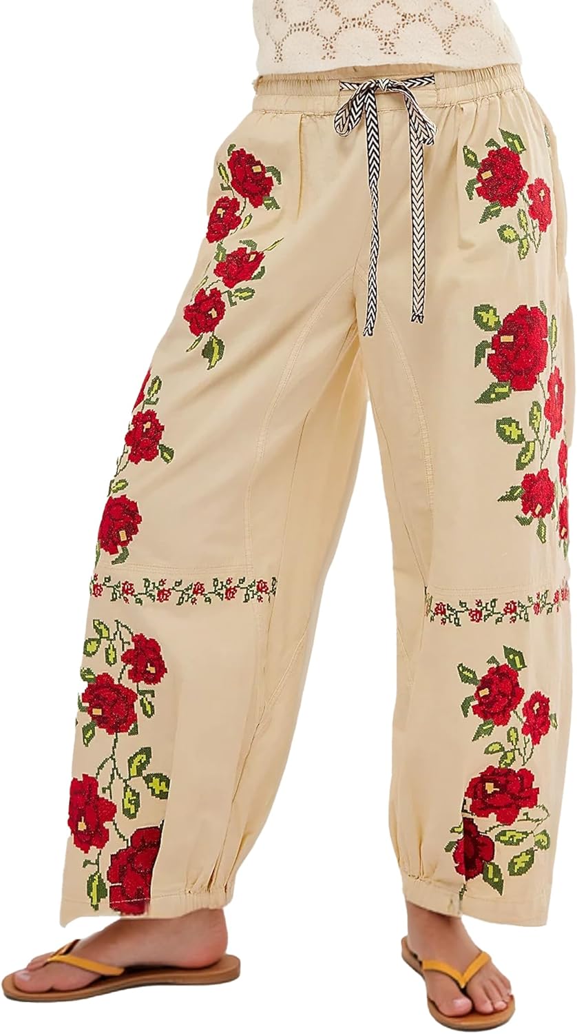 Womens Barrel Jeans Embroidered Mid Rise Wide Leg Drawstring Denim Pants Boyfriend Baggy Jeans with Pockets