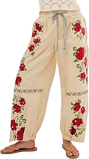 Womens Barrel Jeans Embroidered Mid Rise Wide Leg Drawstring Denim Pants Boyfriend Baggy Jeans with Pockets
