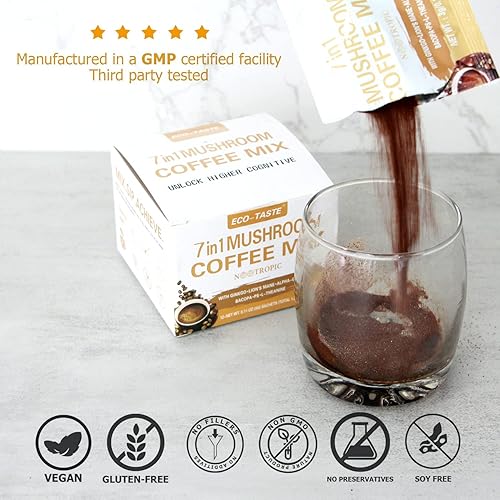 Miniatura 3 de Mezcla de café de hongos 7 en 1, con ginkgo, melena de leones, Alpha-GPC, Bacopa, PS, L-teanina, 12 sobres
