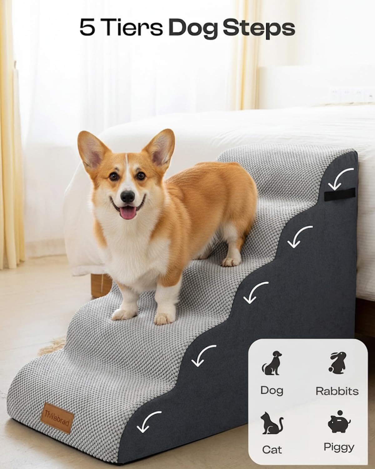 Breiter Hundetreppe 5 Stufen 62cm hoch für Kleine Hunde, Hochdichtem Schaumstoff Haustiertreppe, Waschbarem Bezug und Rutschfestem Boden