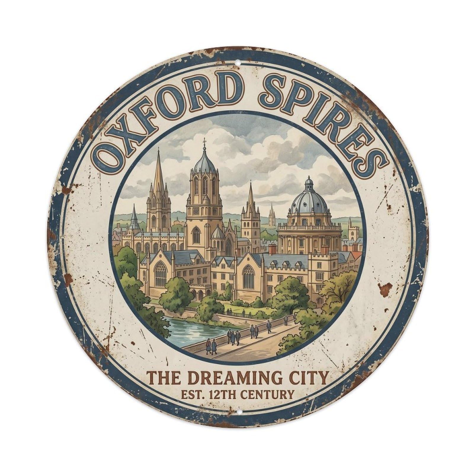 Oxford Tower England Travel Map Vintage Landmark Cartography Metal Tin Sign Plaque Wall Decor for Cafe, Man Cave, Club Bar, Office, Home Garden Round Metal Poster 8x8Inch