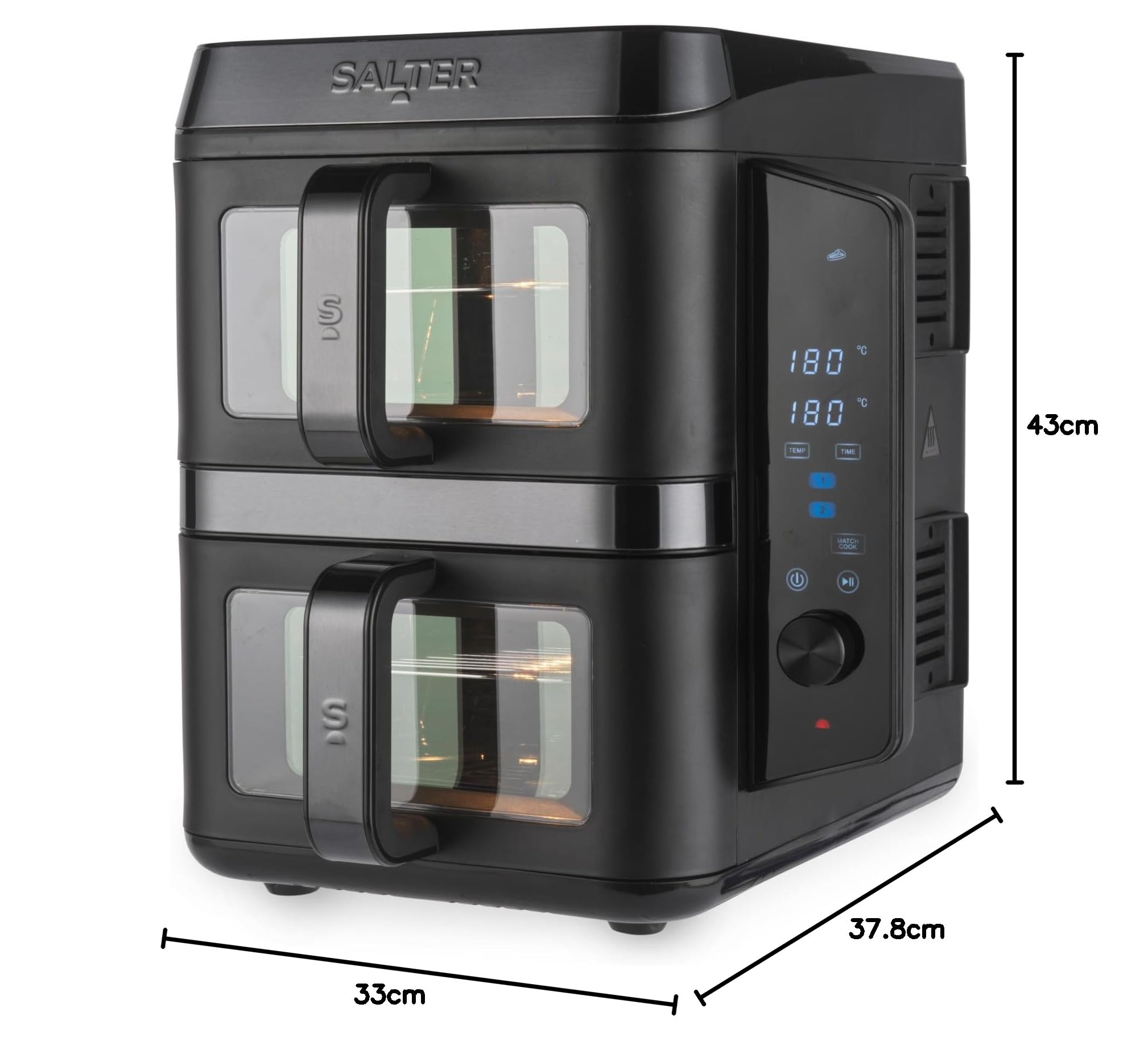 Salter Friggitrice ad aria verticale con doppio cassetto, cuoce su 4 livelli, capacità di 9L attraverso due cestelli da 4.5L, design salvaspazio, 12 funzioni di cottura con Sync & Match, senza PFAS