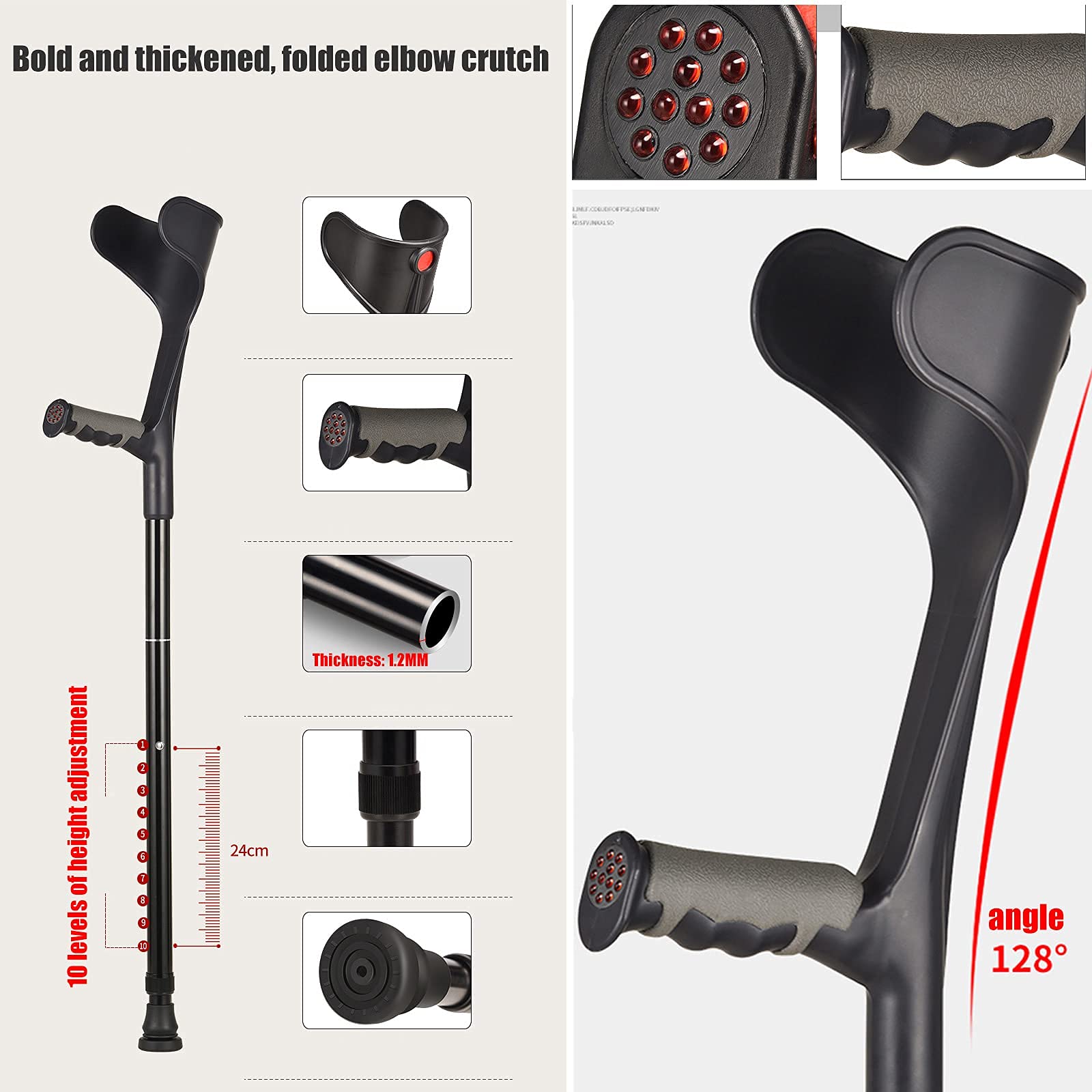 Składane kule dla dorosłych, czarno-srebrne lekkie składane kule dla mężczyzn/kobiet, ergonomiczne regulowane pomoce do chodzenia decorate