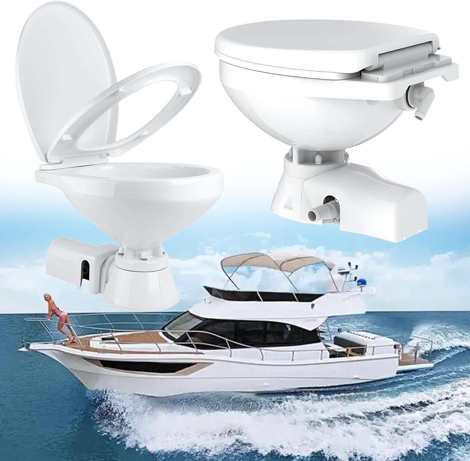 Electric Marine Toilet Boat Head 12V Quiet Flush Horizontal Design for Yachts, RVs, Campers, Compact Boat Head Solution