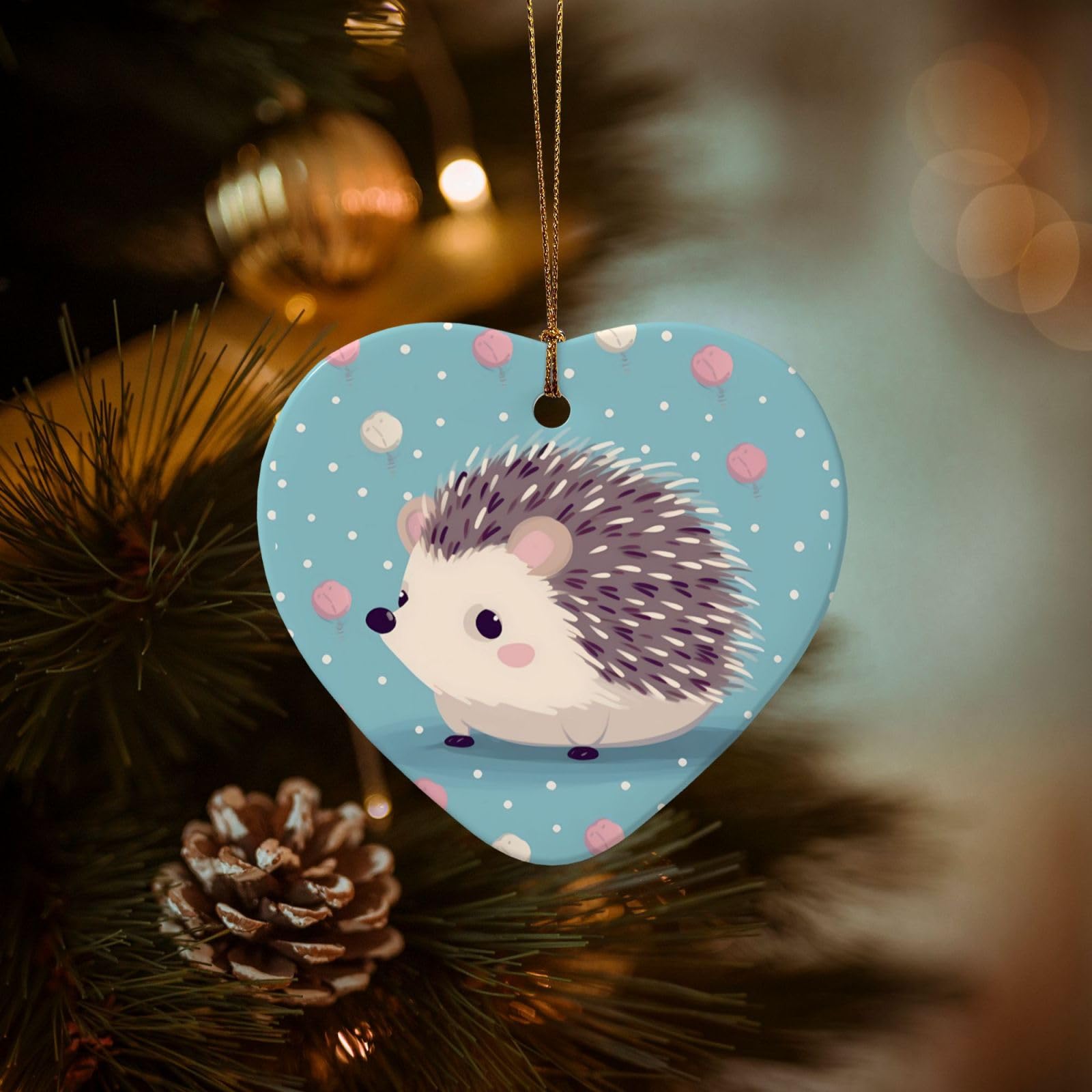 Christmas Ornaments for Christmas Tree Decoration Hanging Hedgehog Polkadot Ornament with Gold Ribbon Crafts Heart Shape Ceramic Pendant for Keepsake Gifts Xmas Decor Party Supplies