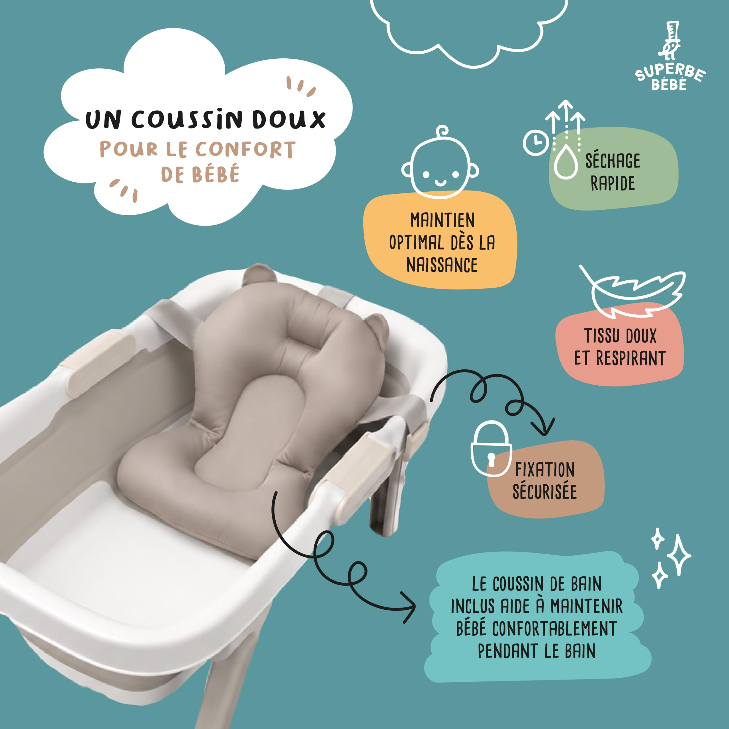 SUPERBE BEBE - Bañera de bebé XXL con cojín de baño para recién nacidos y lactantes