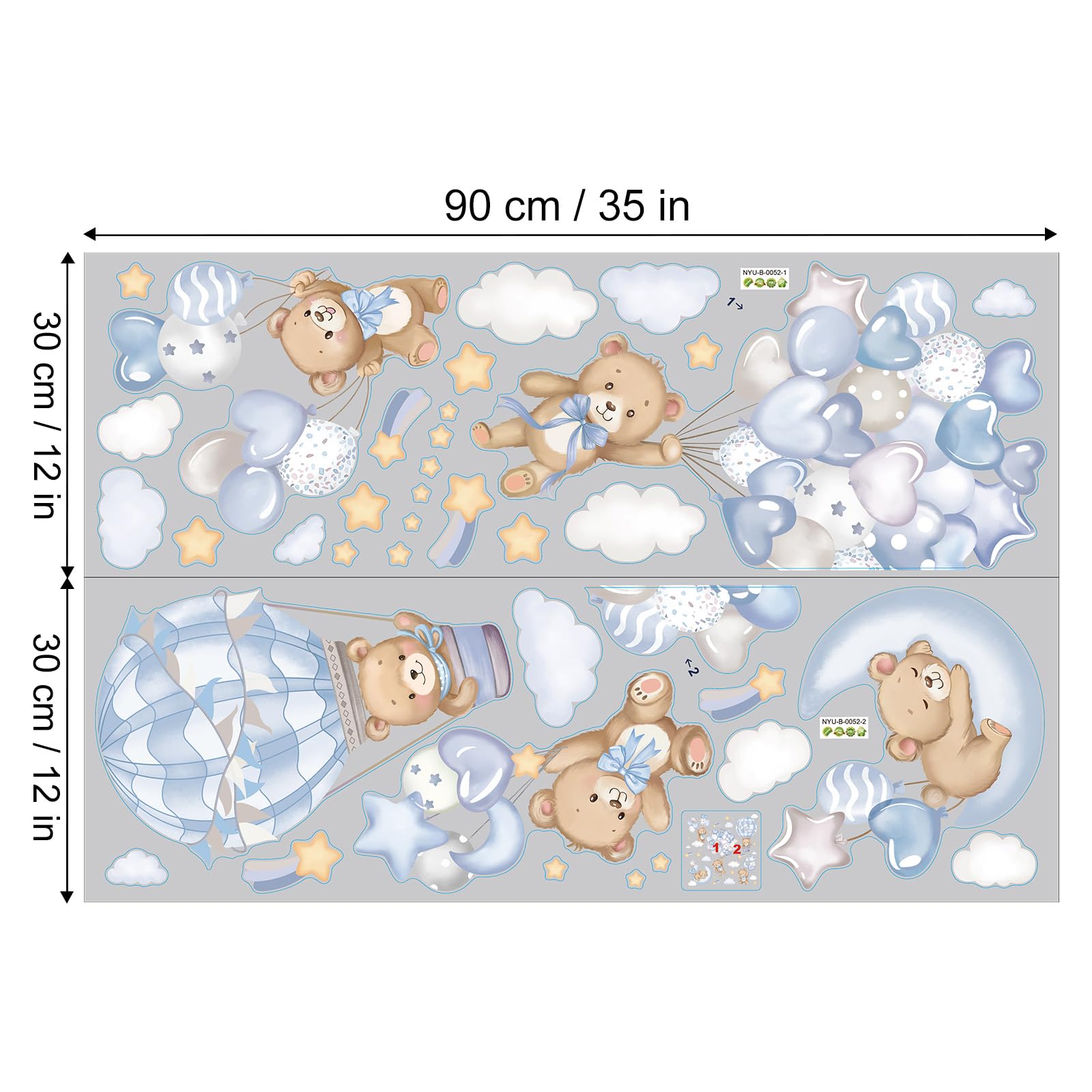 Bambini Adesivi Murali Orsetti con Blu Mongolfiera Stelle Adesivi da Parete Acuarello Stickers Murali Removibili per Decorazione Parete Soggiorno Cameretta Neonati