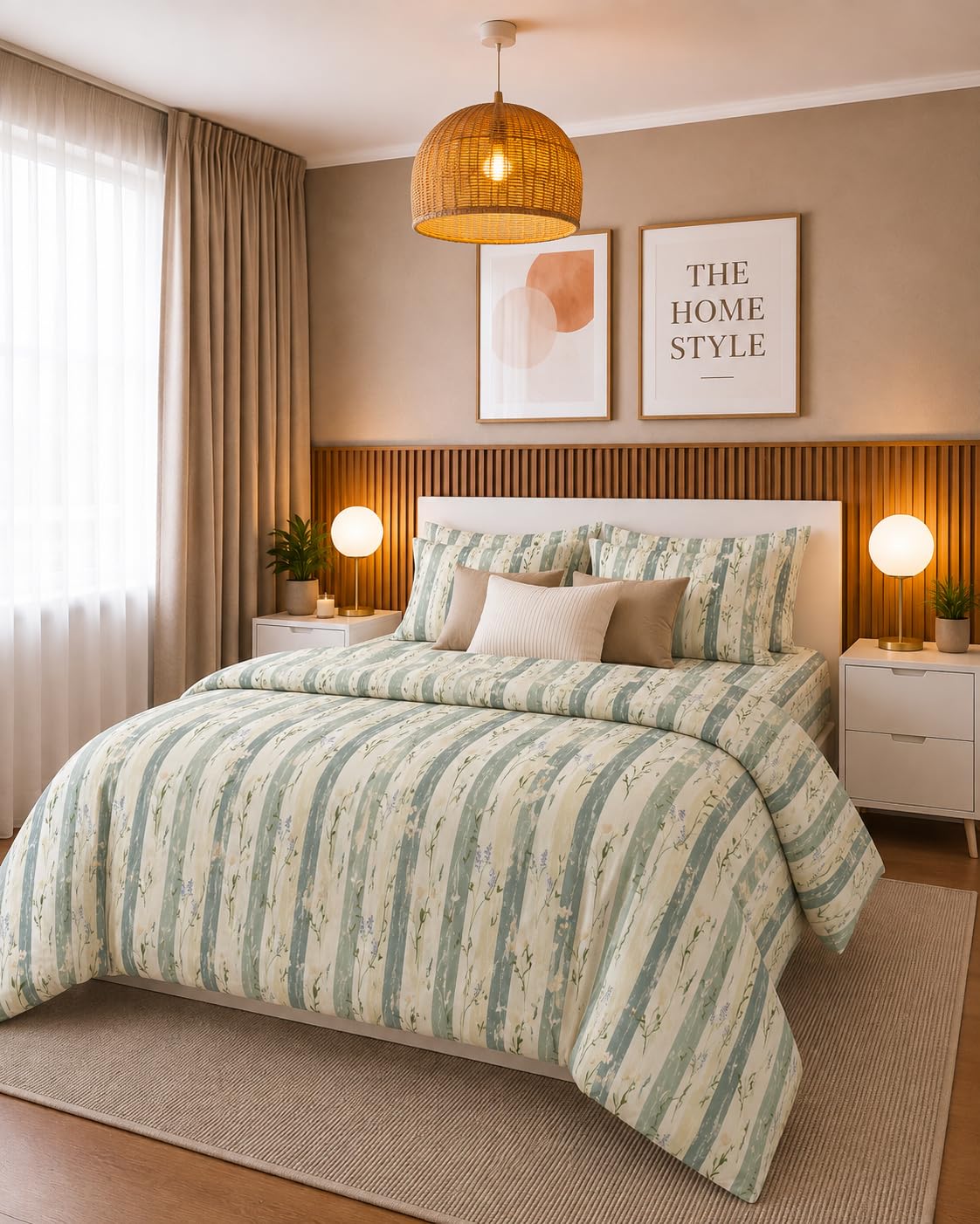 THE HOME STYLE Supersoft Glace Cotton Elastic Fitted All Around King Size Printed Double Bedsheet with 2 Pillow Cover & King Size Comforter/Duvet/Blanket (72"x78" + Comforter, Willow Florelle)