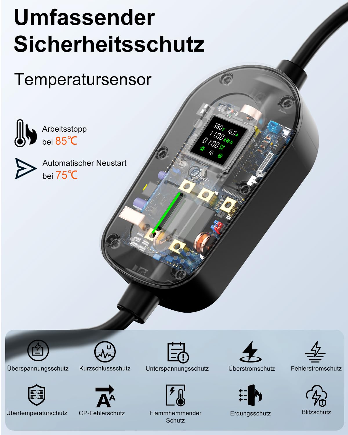 EzGoGo Wallbox Ładowarka mobilna 11 kW typ 2 (3 fazy) z kablem ładującym 10 m CEE 16 A do typu 2 | stacja ładująca EV z regulowanym prądem [6/8/10/13/16A], wysokiej jakości ochrona IP65