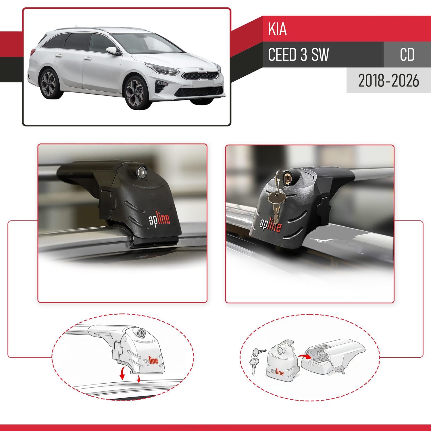 Kompatibel mit Kia Ceed 3 (CD) SW 2018-2026 ACE-2 Modell Relingträger Dachträger Auto Gepäckträger Grau Aluminium 2 Stangen