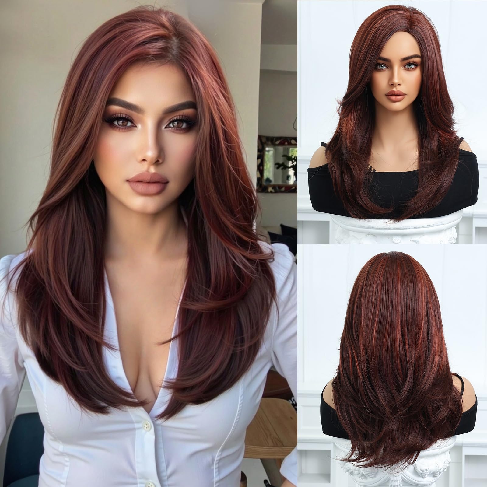 Layered Long Straight Human Hair Wigs Burgundy Side Part With Bangs For Women Daily Use (Burgundy,24inch) Burgundy 24 Inch
