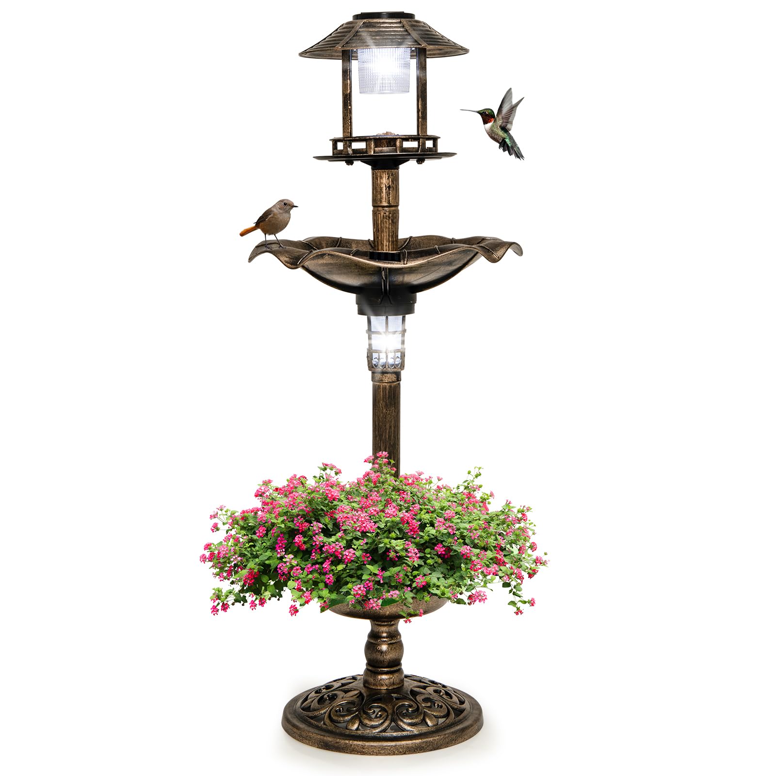 GYMAX Bain d'oiseaux, Abreuvoir sur Pied, Mangeoire avec 2 Lampes Solaire, Jardinière de Fleurs, Léger et Remplissable, Décoration pour Extérieur (Cuivre)