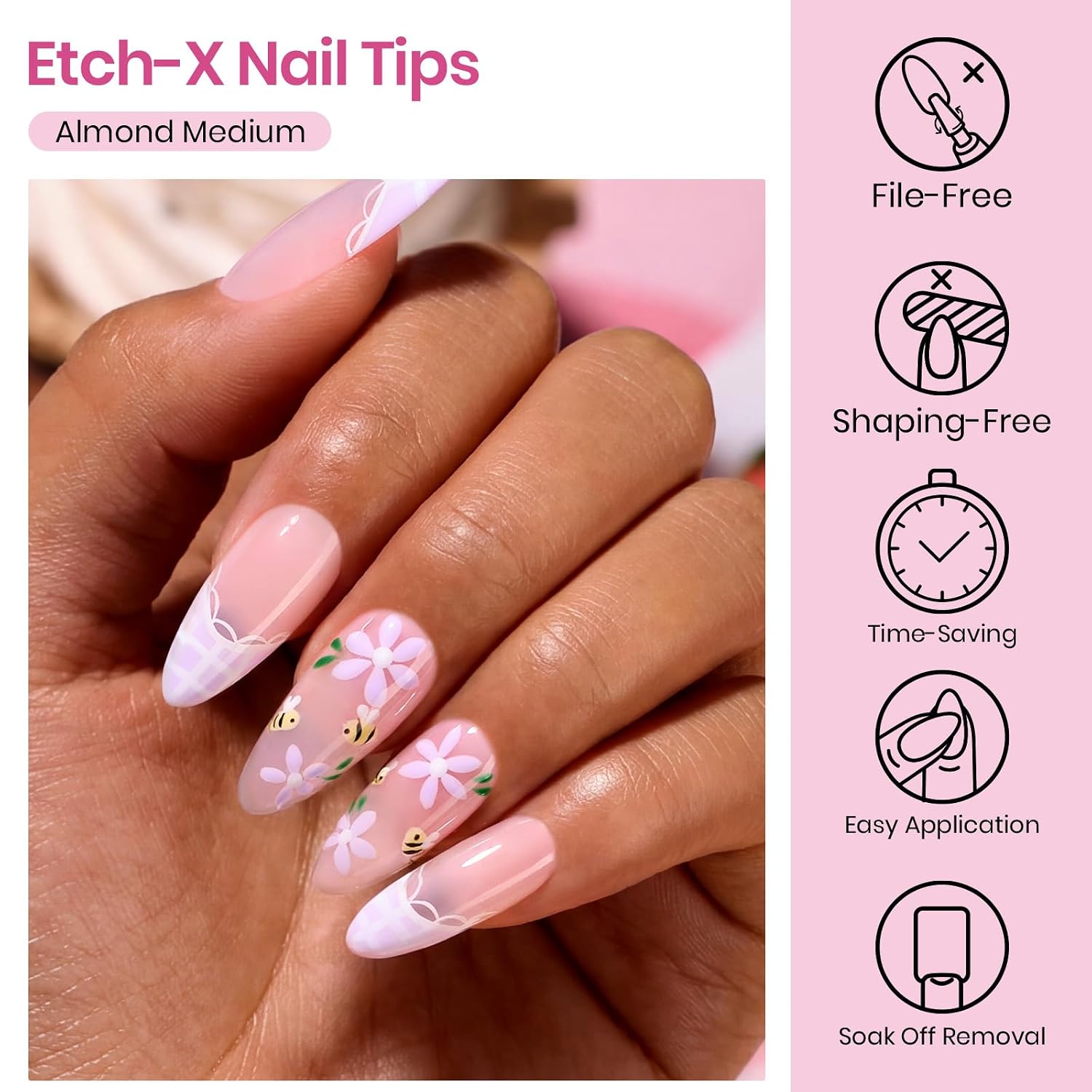 Beetles Gel Nail Tips Etch-X- Almond Medium, 384pcs 12 Sizes, Pre-Etched Half Matte Full Cover Soft Gel Nail Tips, Press on False Nail Extension Acrylic Fake Nails, Easy DIY Salon Art