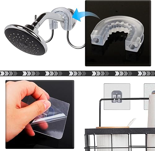 Miniatura 3 de YeeBeny Conector de ducha de baño con 2 calcomanías adhesivas, artículos simples para el hogar, soporte de gancho para cesta de ducha, estante de