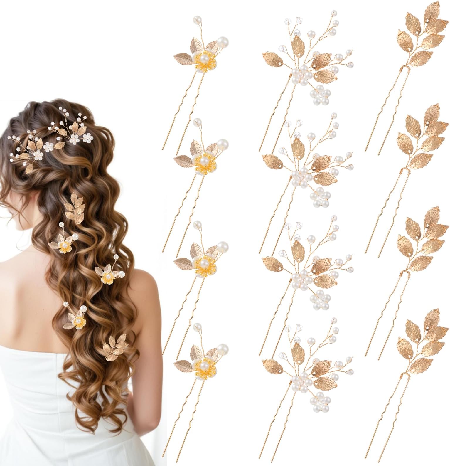 5 PCS Bridal Wedding Hair Pins Gold Leaf Crystal Pearl