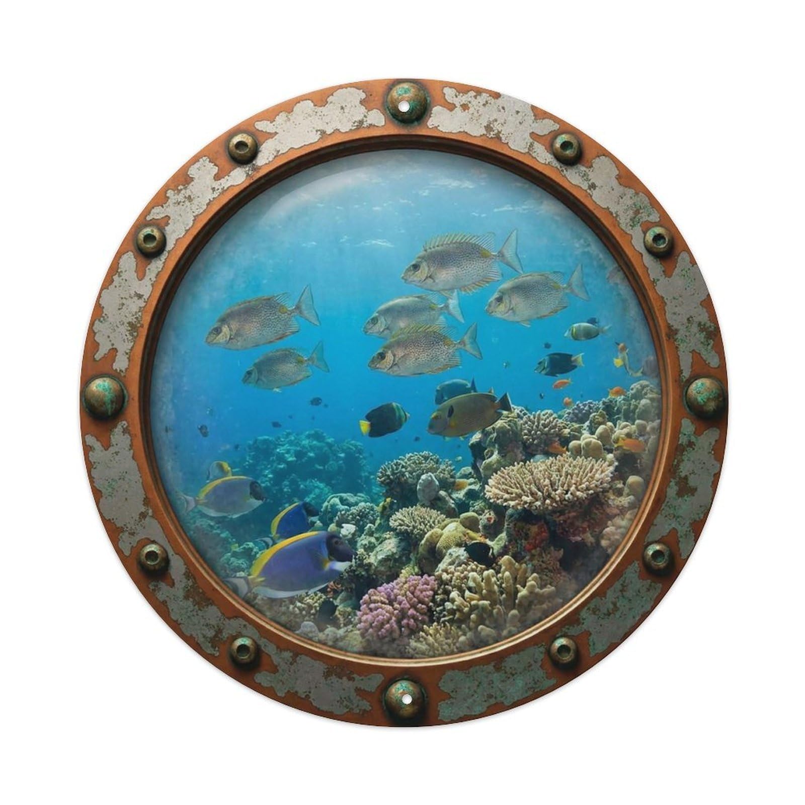 Gead 8X8inch Style Vintage Porthole Rabbitfish Nautical Window View Metal Tin Sign