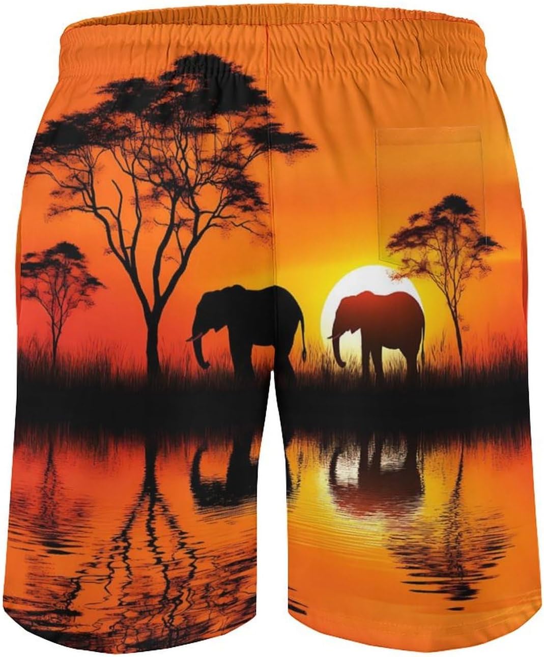 African Elephants in Sunset Casual Men's Swim Trunks Novelty Summer Beach Shorts Swimwear with Pocket