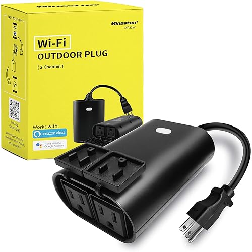 Minoston Outdoor Smart Plug 2 Sockets, Heavy Duty Wi-Fi Outdoor Outlet, No Hub Required for Outdoor and Indoor, Compatible with Alexa and Google Assistant, Smart Life APP in 2.4GHz Network only(MP23W)