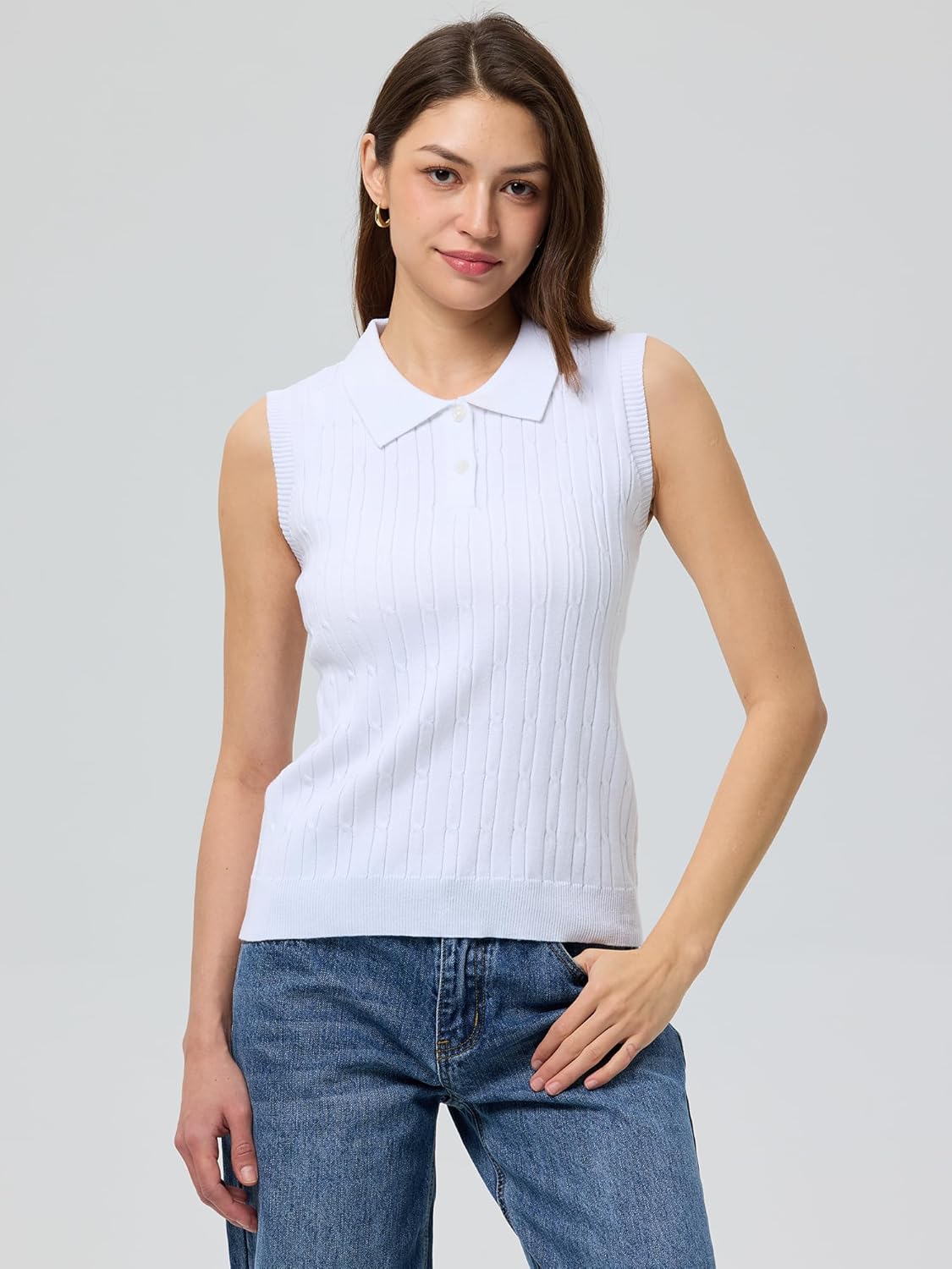 Sleeveless Polo Sweater Vest for Women Lapel Knit Polo Shirt Tank Top Cable Preppy Loose Casual Pullover Outfits - Image 2
