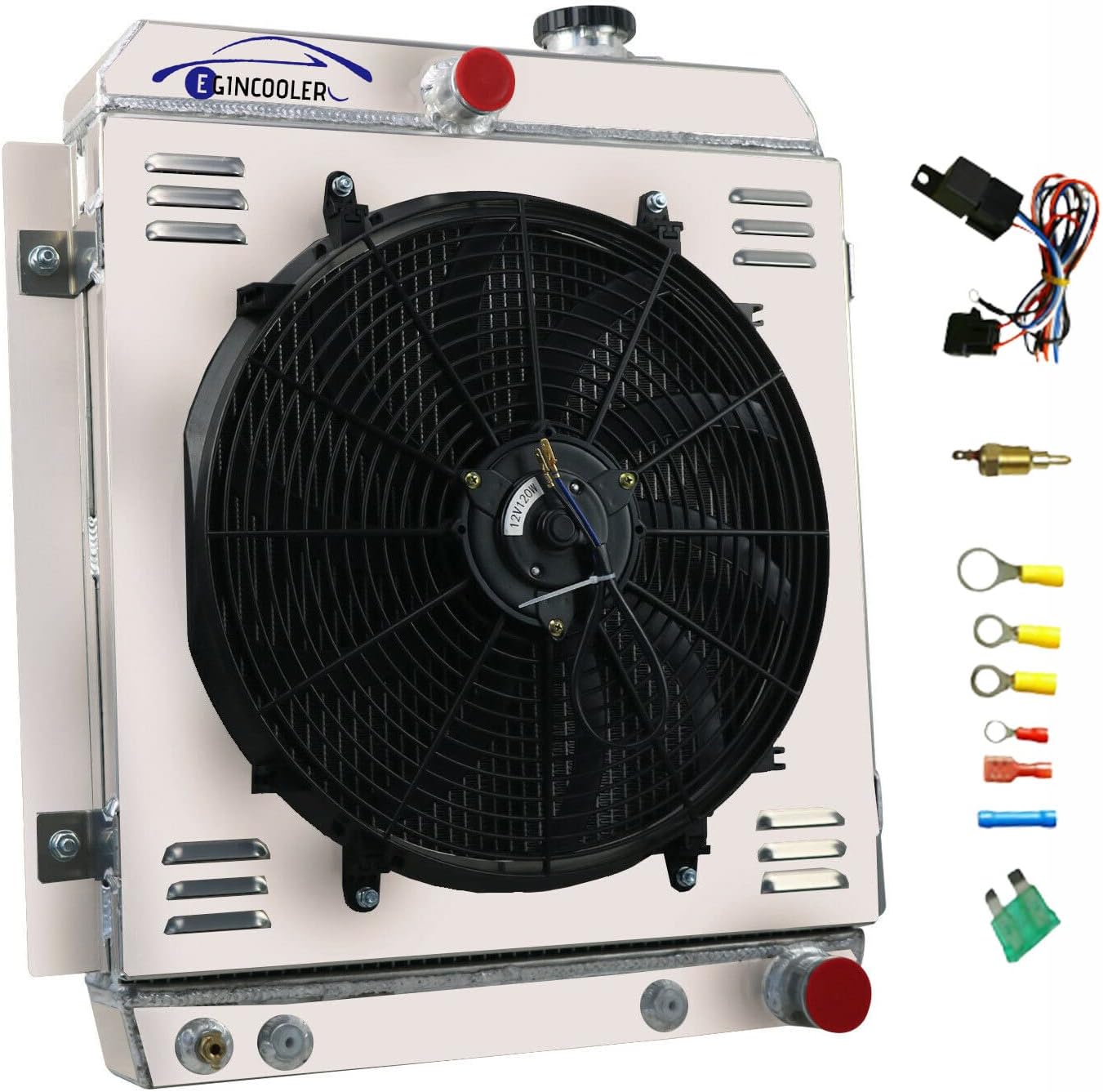 4 Row Core All Aluminum Radiator for Chevy Truck 3100 3600 3700 3800 3900 L6 1947-1954 47 48 49 50 51 52 53 54, with Fan Shroud and Relay