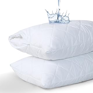 Quilted Waterproof Pillow Protectors, Queen Size Pack of 2 Zippered Pillowcases, Breathable Protective Pillow Encasement Covers 20 x 28 Inches, Noiseless Soft Top, Smooth Zipper.