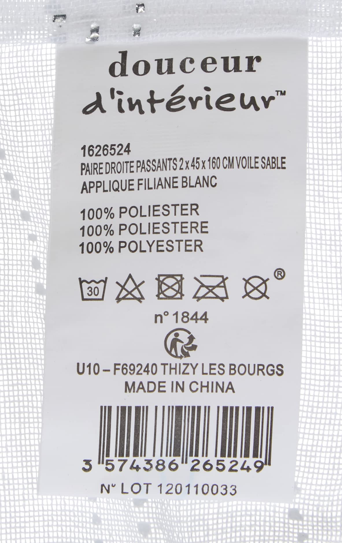 Voile Coppia di Tende Dritte con Passanti 45 x 160 cm Color Sabbia Applicazioni Bianco 2 Pezzi